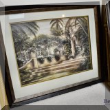 A24. Tropical garden and colonial building print signed ”B. Brown.” Frame: 27.5h” x 32.5w” 
